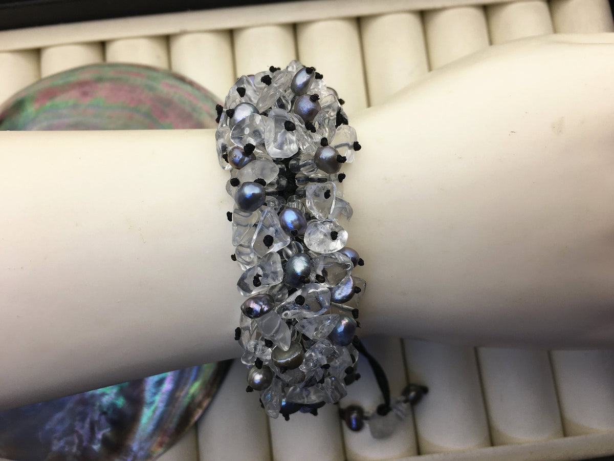 1pc handmade gray pearl and crystal thread bracelet, adjust length, pearl bracelet, knotted freshwater pearl bracelet, Pearls Bracelet, B8-T5