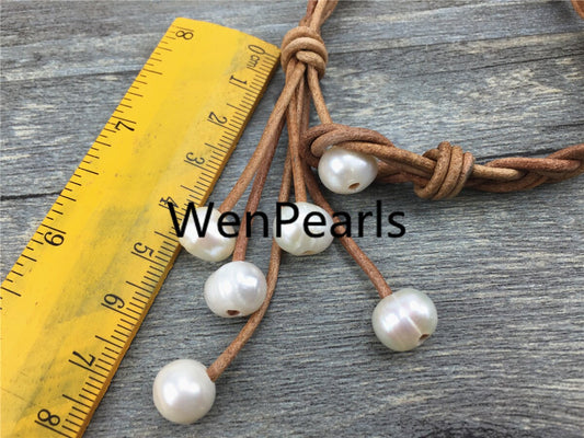 custom length, twisted leather baroque pearl bracelet, knotted freshwater pearl bracelet, 9mm pearl bracelet, Leather Pearls Bracelet, Le7-044