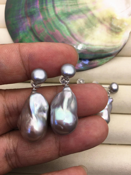 1 pair AAA 13-16mm gray flame ball pearl diamond stud earrings, sterling silver, earring with white baroque Natural Pearl, SE3-031-7