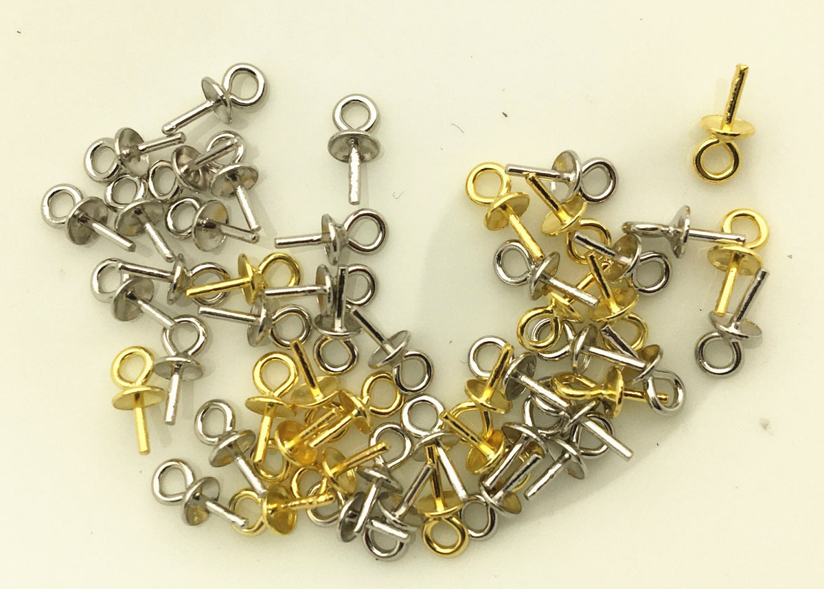 20pcs 3mmx6.5mm sterling silver Small Hole Cup Pearl Screw Eye Pin Bail Peg Pendants for Half Drilled Beads Jewelry Making, ASL-P-017
