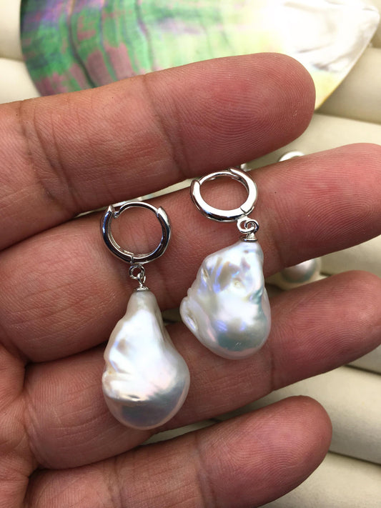 1 pair AAA 13-17mm white flame ball pearl hook earrings, sterling silver, earring with white baroque Natural Pearl, SE3-031-22