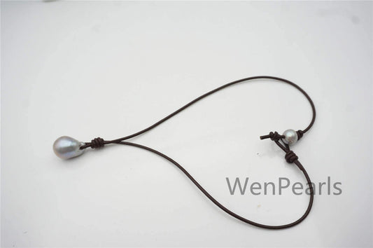 Gray Flameball pearl and leather necklace, Baroque Freshwater Pearl Drop Necklace, Flaming ball pearl necklace, wholesale, Le4-057