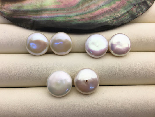 1 pair AAA 14-15mm White Coin Freshwater Loose Pearls Pair,0.9mm bottom half hole,For make Pearl Jewelry,COIN14-3A-2