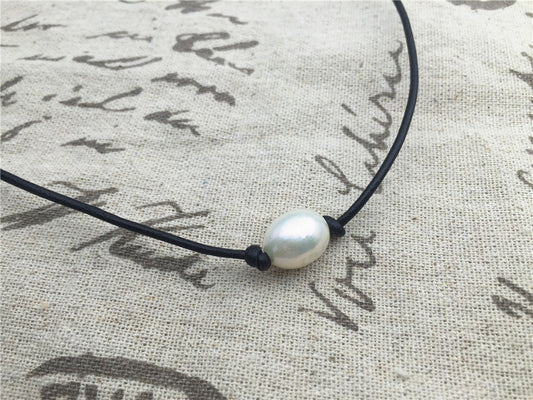 12mm Very Big Rice Pearl Leather Choker Necklace, Pearl Leather Necklace, freshwater rice pearl necklace, Le1-073