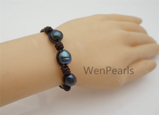 Deep Blue Big Rice pearl bracelet, Leather Pearls Bracelet, Handmade Cuff, white Pearls on Tan Leather, genuine freshwater pearl, Le7-156