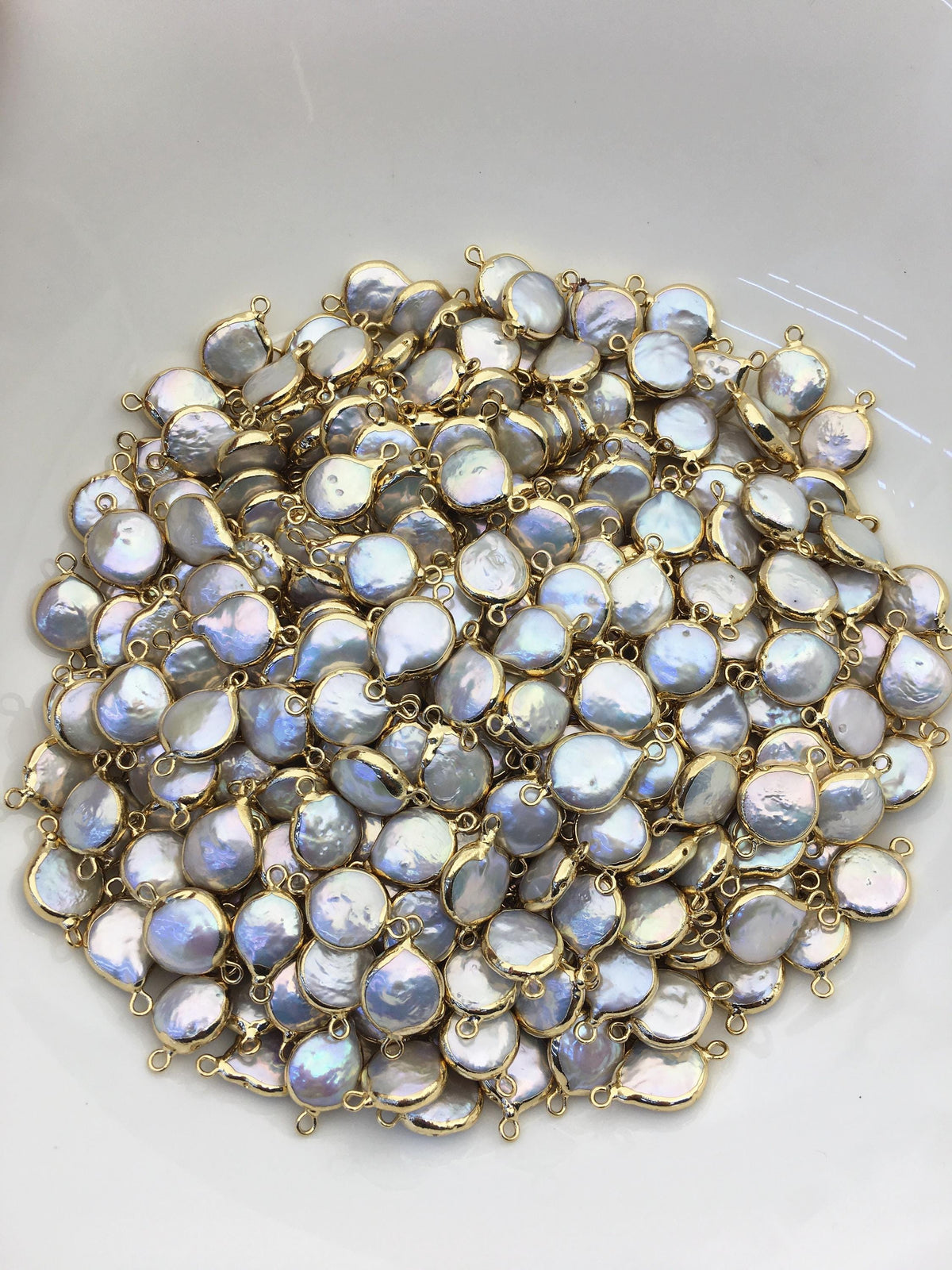 5pcs AA+ 12-13mm White Coin Pearl Double Bail Connector Charm Pendant with Gold Electroplated Edge for make bracelet necklace, EDG-037