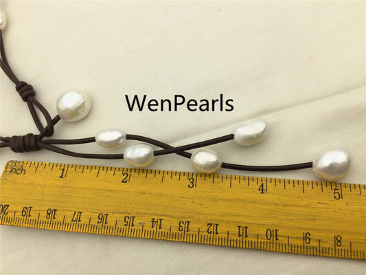 Two Rows Baroque pearl leather necklace, Pearl and Leather Lariat Necklace, Leather Pearl necklace, Leather baroque pearl necklace, Le3-040