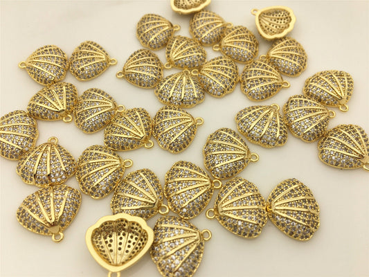 3pcs 14x14.5mm Gold Zircon Shell Charm pendant,Brass plated 14k gold,ACC-O-005