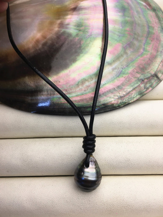 12-14mm Huge Teardrop Drop Tahitian Pearl Leather Necklace, Black Pearl, Black Leather Pearl necklace, Le11-019