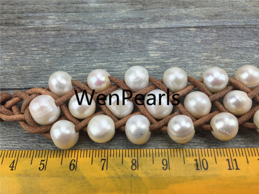 Three rows pearl bracelet, Leather Pearls Bracelet, Handmade Cuff, White Pearls on Brown Leather, Black leather bracelet, Le7-037