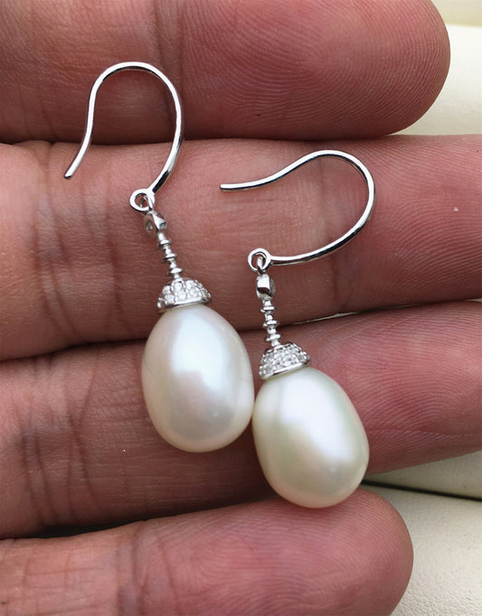 AAA 9mm White rice pearl cz dangle earrings, zircon S925 Sterling Silver pearl earrings, earrings for women for girl, SE3-051