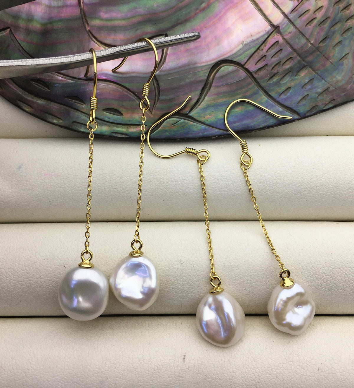 AAA 10-11mm White Keshi pearl Tassels dangle earrings, 925 Sterling Silver Gold Plated pearl earrings, pearl for women, SE3-009