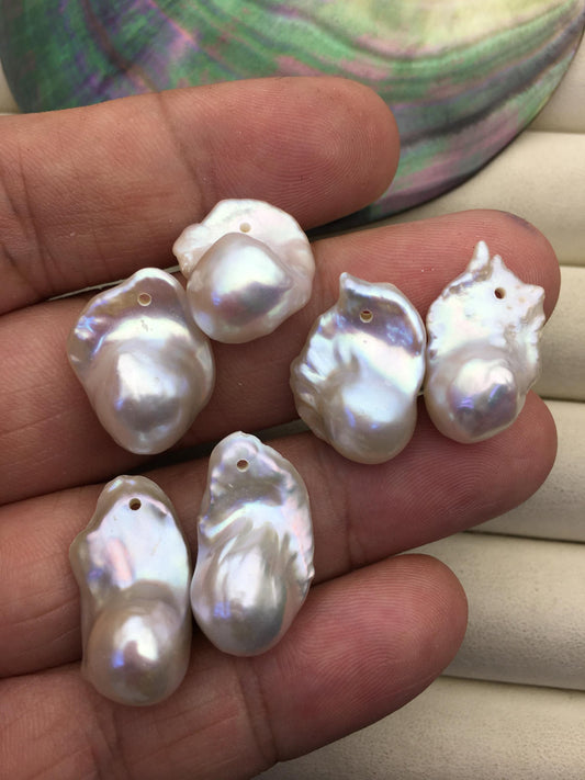 2 pairs AAA- 12-16mm White Flameball Pearl Pairs - large Baroque freshwater pearl pairs- 1.0 top side hole, FL15-3A-8-48