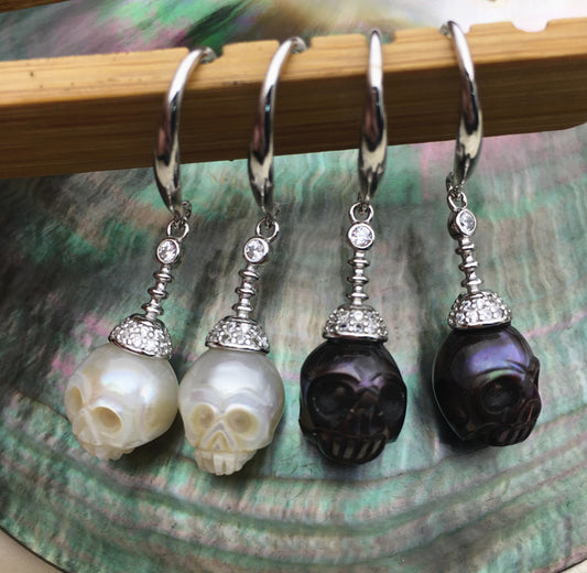 AAA White/Black Carved Skull Freshwater Pearl Dangle Earrings,Pearl Earrings for Women Girls,SE3-027-18