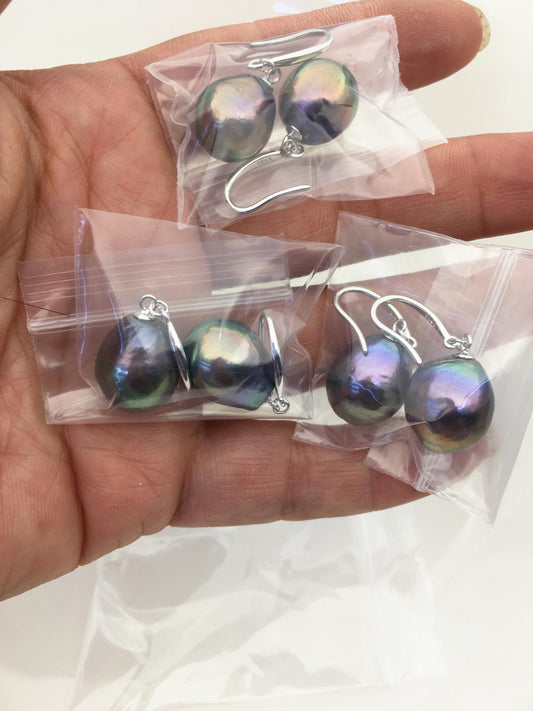 AAA 12-13mm black rainbow drop edison freshwater pearl dangle earrings,silver sterling silver dangle earrings,SE3-T9-45