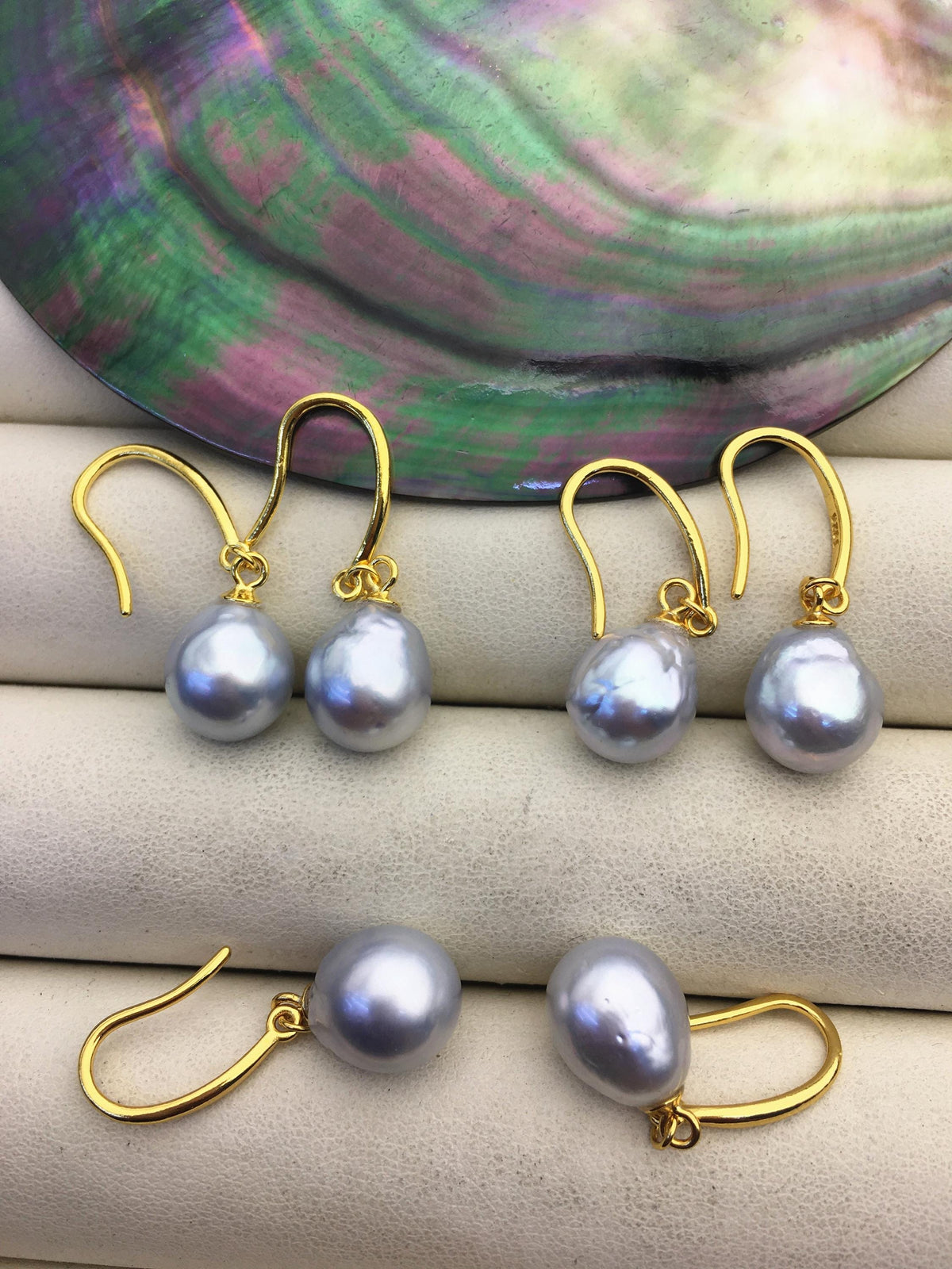 1 pair AA+ 9-10mm Silver Gray South Sea drop pearl Gold dangling earrings,SE3-109-5