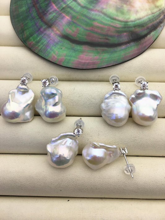 1 pair AAA 13-16mm flame ball pearl diamond stud earrings, sterling silver, earring with white baroque Natural Pearl, SE3-031-16