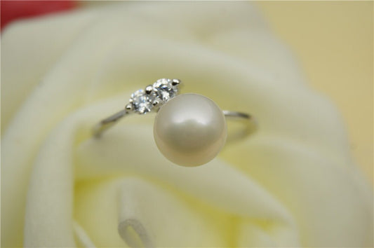 Genuine Pearl ring, cz engagement rings, anniversary ring, cheap wedding rings for women, eternity ring, sterling silver 925 open ring, R1-014