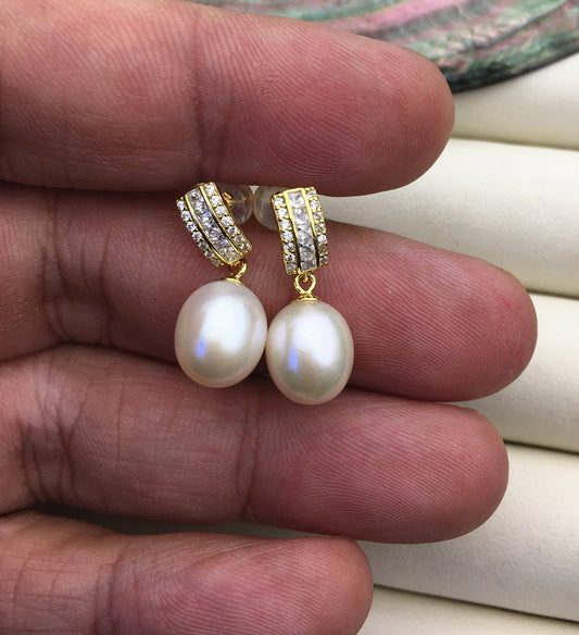 AAA 9mm White rice pearl cz stud earrings,S925 Sterling Silver pearl earrings,pearl for women for girl,SE3-018