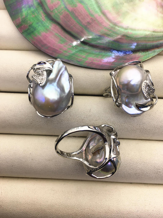 Gray Big Baroque Pearl rings,affordable engagement rings,pearl wedding rings,promise rings for her,R1-039