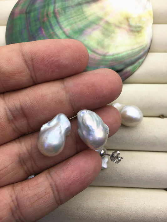 1 pair AAA 11-14mm small flame ball pearl stud earrings, sterling silver, earring with white baroque Natural Pearl, SE3-031-21