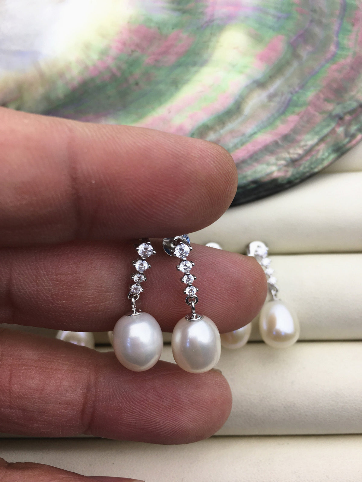 AAA 9mm White rice pearl cz stud earrings,zircon S925 Sterling Silver pearl earrings,pearl for women for girl,SE3-T26