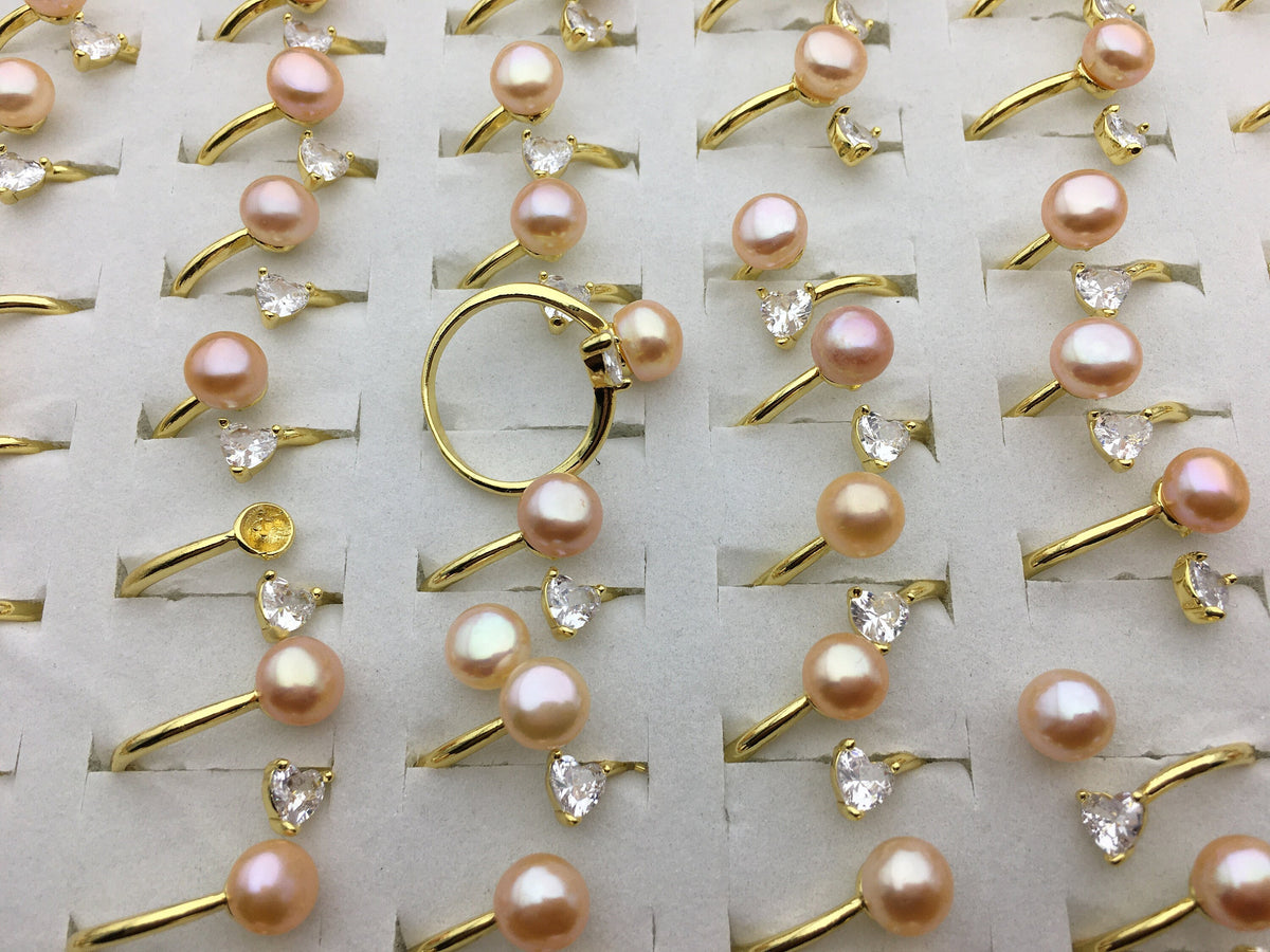 6pcs Gold Open AAA pink pearl ring, inexpensive engagement rings, fashion rings, fake diamond rings real pearls, inexpensive ring, R1-088-7