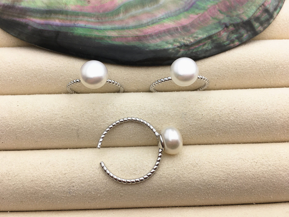 AAA single white button round Pearl Twist Sterling silver ring, wedding rings for women, sterling silver 925 open ring jewellery, R1-059