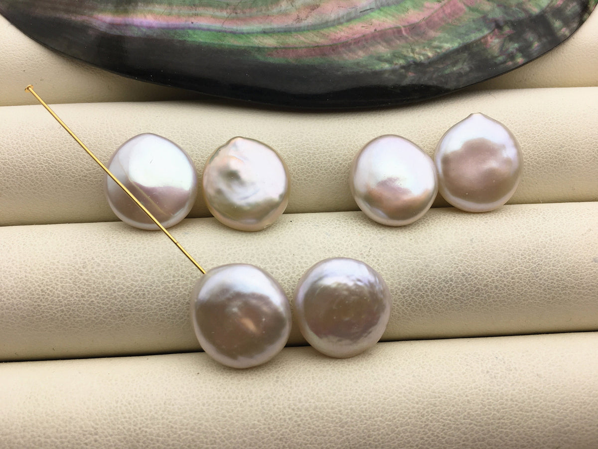 1 pair AAA 13-15mm White Coin Freshwater Pearl White loose Beads Pair,wholesale,ZS-103-37-23