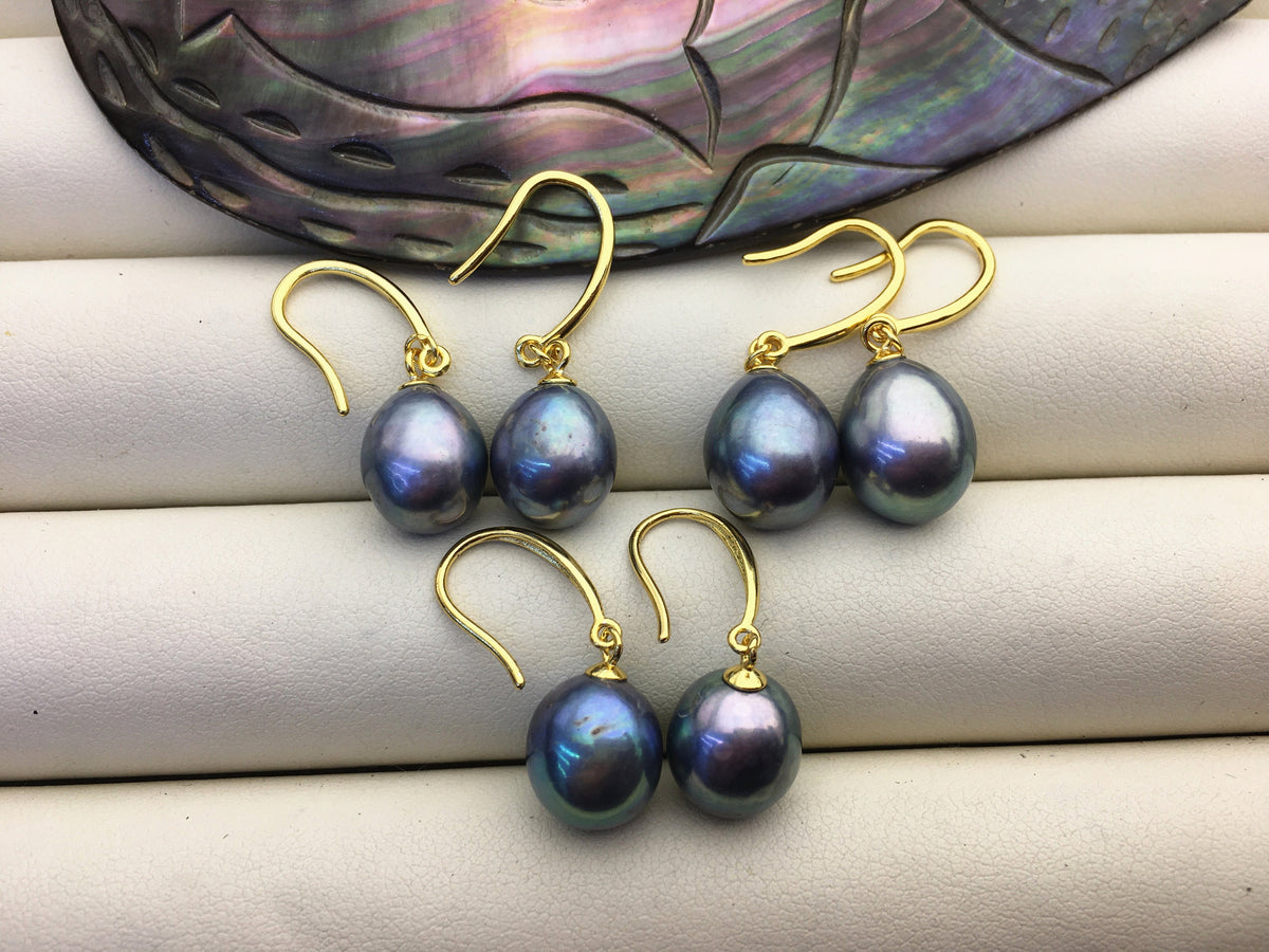 1 pair AA+ 9.5-10mm deep green blue rice pearl dangle earrings, yellow gold plated S925 Sterling Silver pearl earrings, SE3-T45