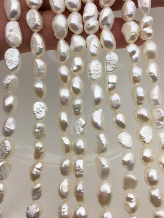 High Luster!AA+ 7.4-8.5mm white long nugget shape freshwater pearls, white cultured freshwater baroque pearl bead string, LM8-2A-4