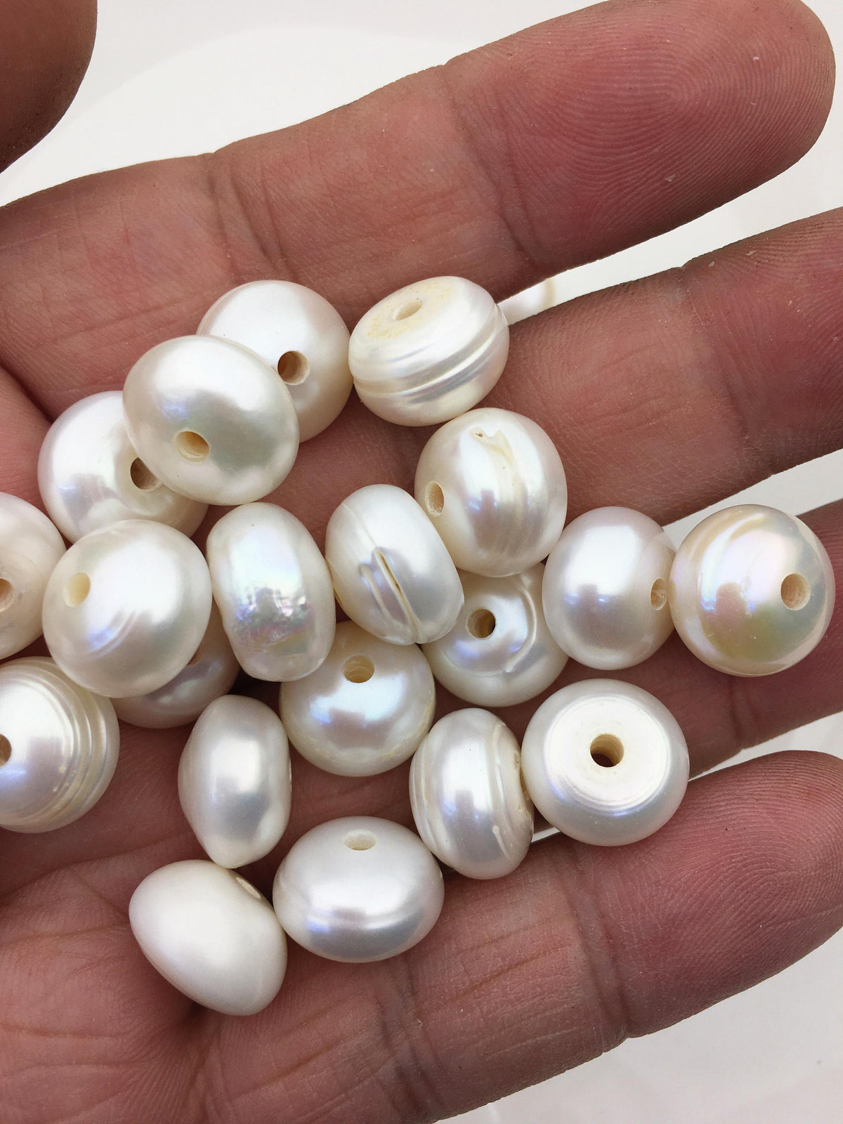 20pcs Very Big AA 13-14mm white button freshwater pearls, 2.2mm large hole, Rondelle pearl Beads, pearls for leather, SM13-2A-6