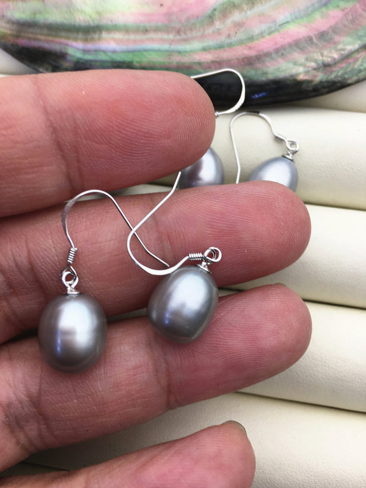 1 pair AAA 9.5-10mm gray long rice pearl dangle earrings, Sterling Silver, dangle pearl earrings, wedding earring, bridal, SE3-T59