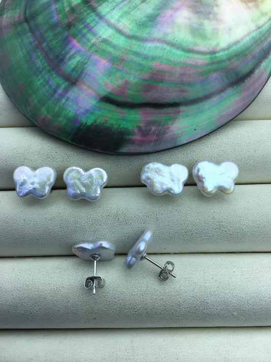 AAA 10-11mm white Butterfly Pearl Stud Earrings,freshwater pearl earrings,Wedding,classic pearl studs,SE3-011