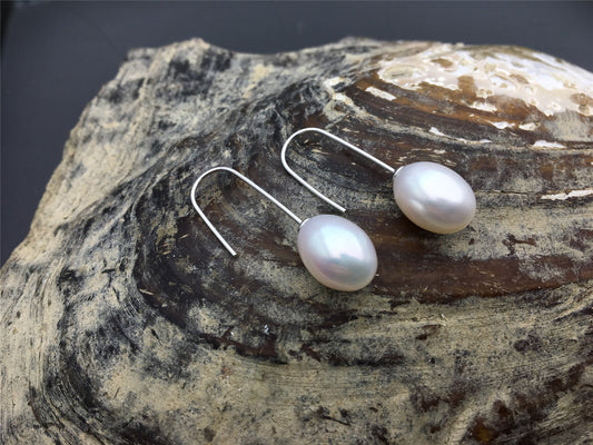Minimalist white oval pearl dangle earrings, S925 Sterling Silver pearl earrings, AAA 9mm oval rice pearl earrings for women, SE3-087