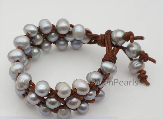 Three rows gray pearl bracelet, Leather Pearls Bracelet, Handmade Cuff, gray Pearls on Tan Leather, Brown leather bracelet, Le7-174