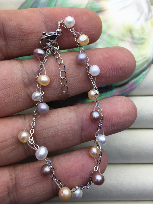 6.5+1.5'' AA+ 4-5mm twist misc color potato Freshwater pearl svlier color chain Bracelet,B8-055-4