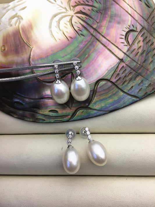 AAA 9mm White rice pearl cz stud earrings,zircon S925 Sterling Silver pearl earrings,pearl for women for girl,SE3-065