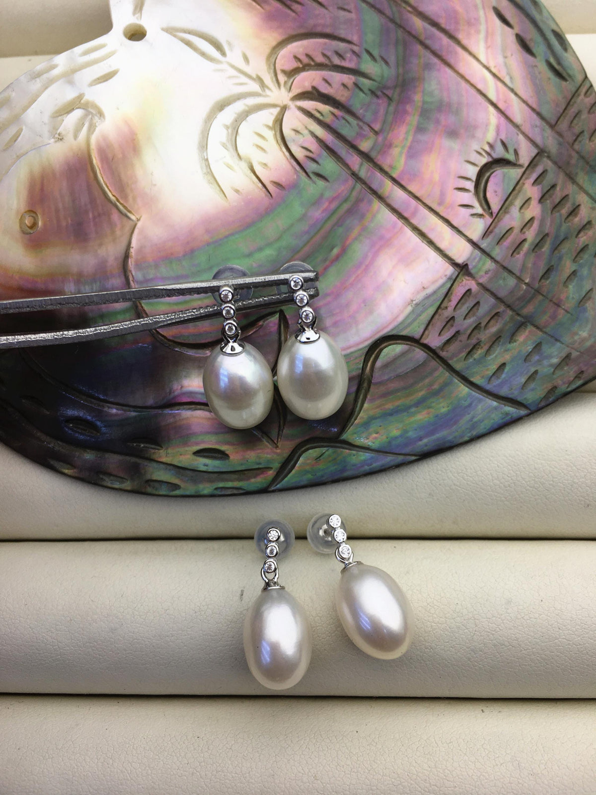 AAA 9mm White rice pearl cz stud earrings,zircon S925 Sterling Silver pearl earrings,pearl for women for girl,SE3-065