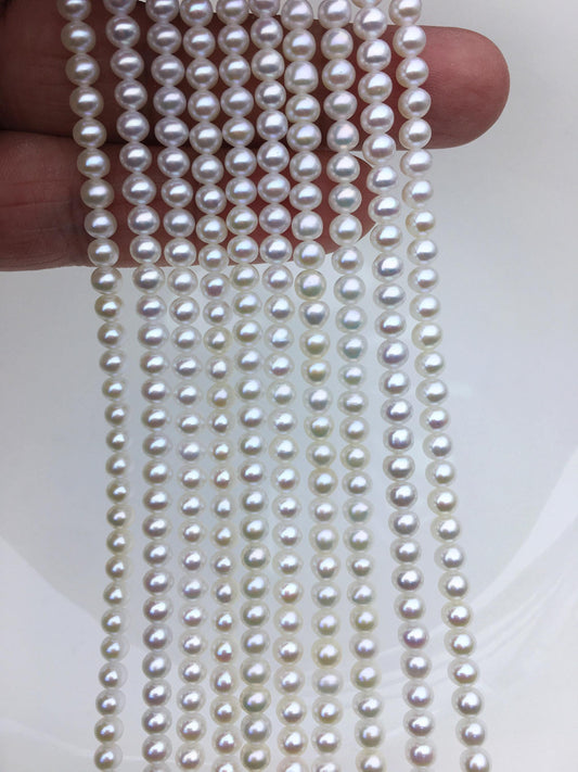 AAA 4-4.5mm white button near round freshwater pearls, 4mm seed pearl, white round pearl, full strand, pearl wholesale, RP4-3AY-GJ-2