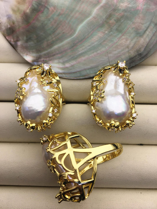 AAA Very Big White Rainbow Baroque Pearl Gold rings, affordable engagement rings, pearl wedding rings, promise rings for her, R1-004