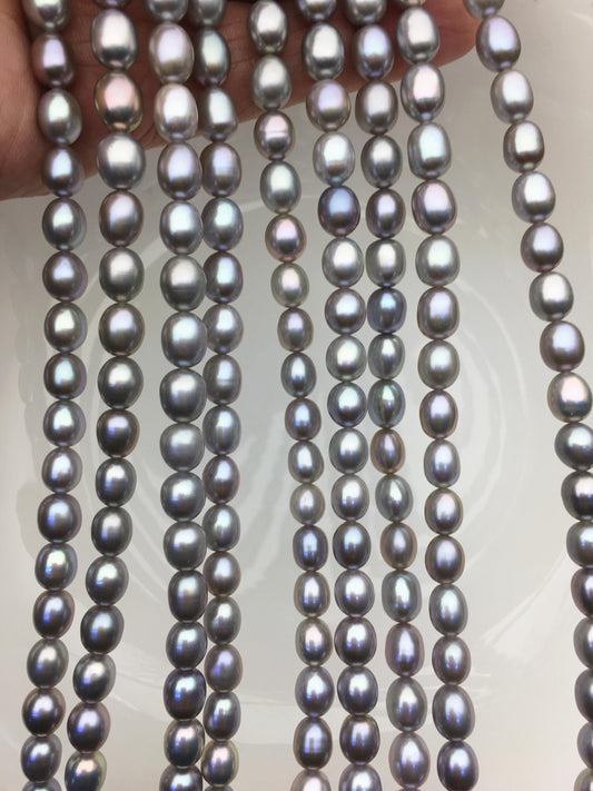 AAA+ 6.8-7.5mm*7.5-9mm gray oval freshwater pearls, Cultured white freshwater pearls beads, pearl necklace, pearl wholesale, LR7-T4