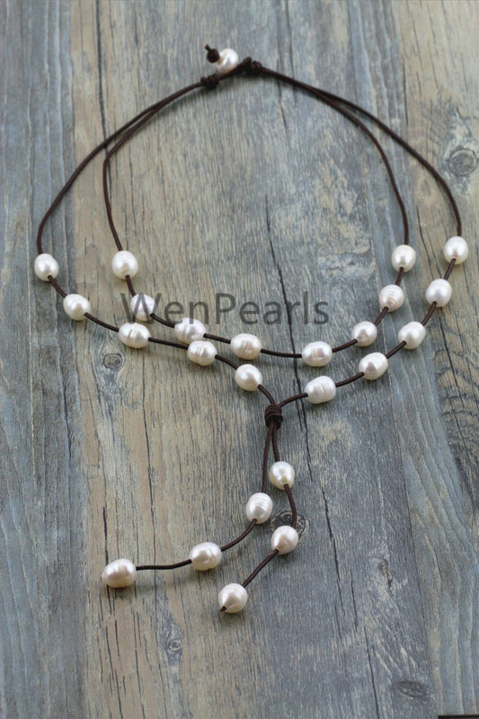 Two Rows Pearl and Leather Necklace, Floating pearl and leather Necklace, Multi-Strand Pearls necklace, Le3-071