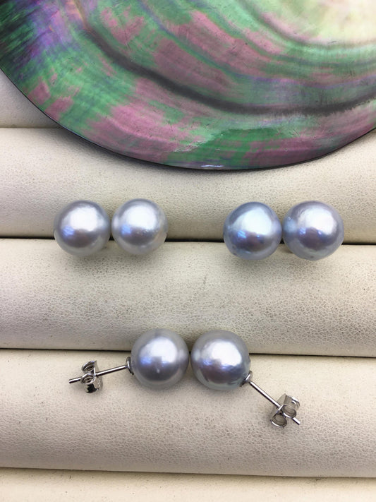 1 pair AA+ 9-11mm Silver Gray South Sea near round pearl stud earrings,SE3-109-9