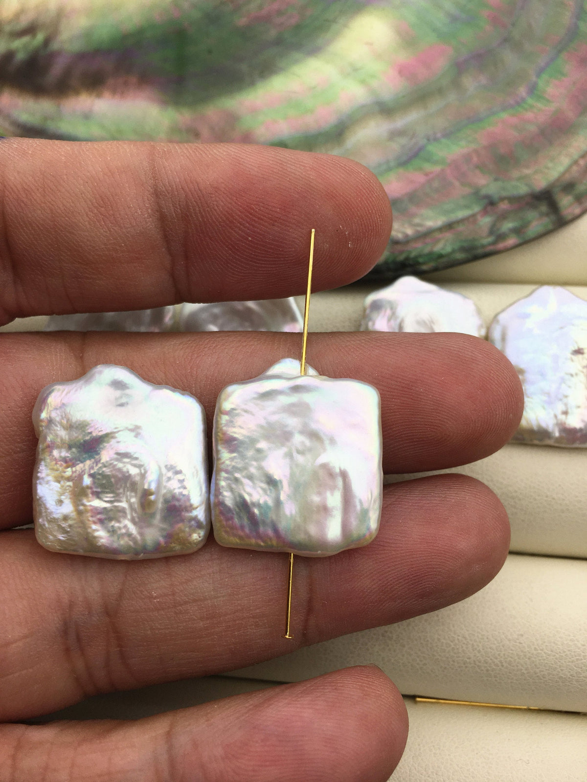 1 pair AA+ 18-20x22-25mm little Tail Big White Rectangle Freshwater Pearl White loose Beads Piar, 0.9mm through hole, ZS-103-37-63