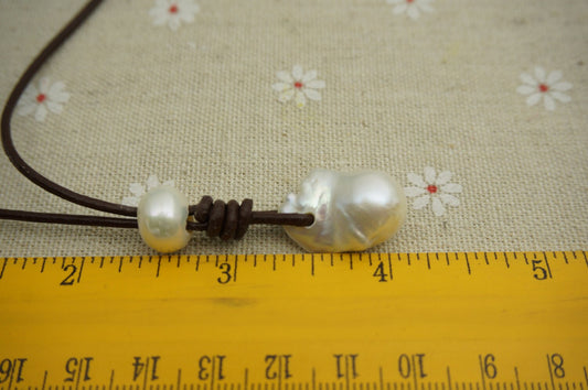 AAA Flameball pearl and leather necklace, Baroque Freshwater Pearl Drop Necklace, Flaming ball pearl necklace, wholesale, Le1-029