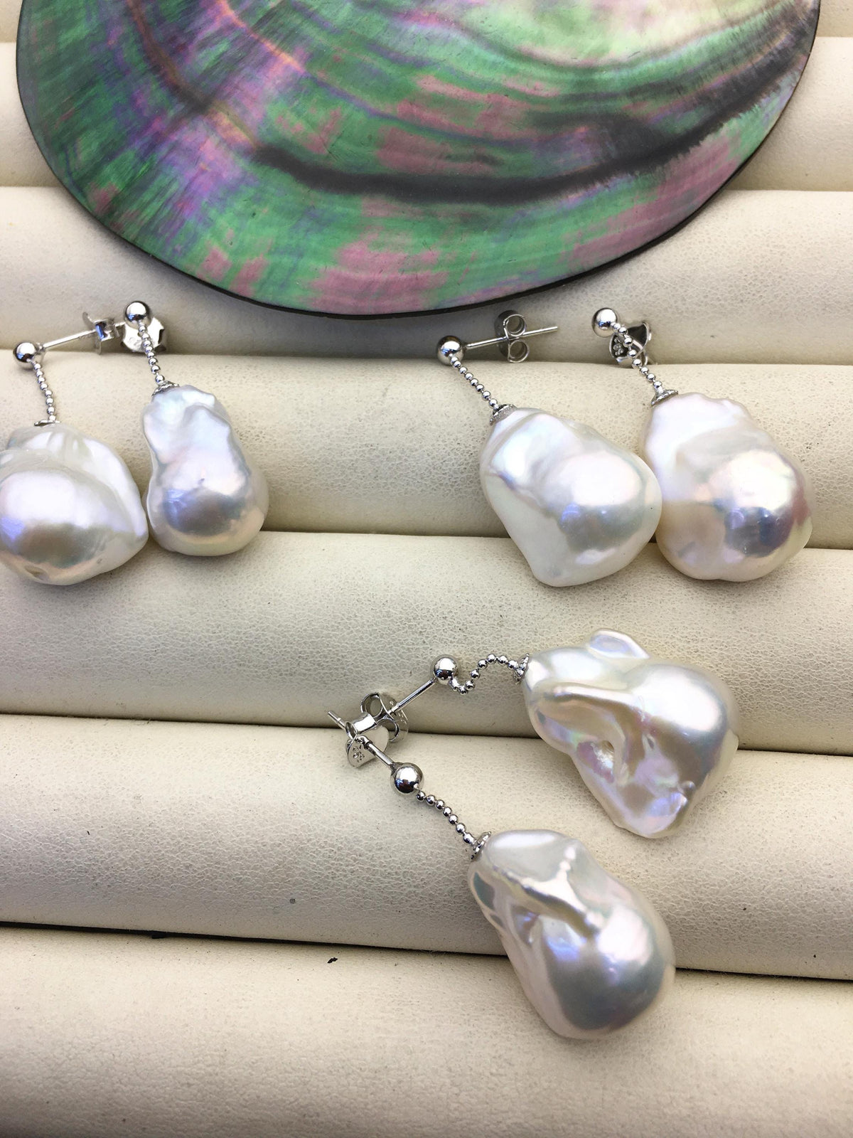 1 pair AAA 13-17mm white flame ball pearl stud earrings, sterling silver, earring with white baroque Natural Pearl, SE3-031-24