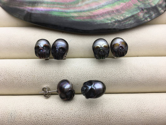 AAA 8mm/10mm white/pink/purple/black/gray HandMade Carved Skull Freshwater Pearl Stud Earrings, Stud Earrings for Women Girls, SE3-016