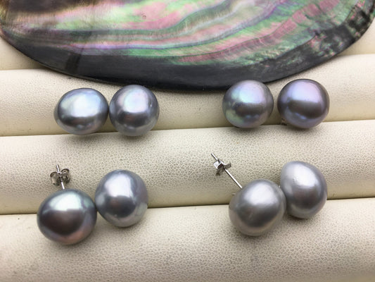 2 pairs AA+ 11.5-12.5mm big gray baroque round Pearl Stud Earrings, S925 sterling silver, freshwater pearl earrings, SE1-069-17