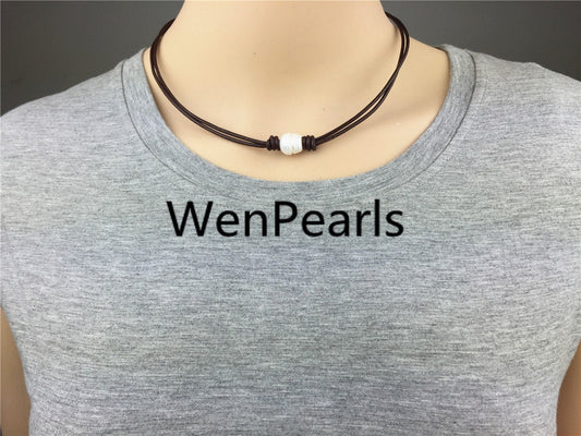 Leather Rice Pearl Choker, Pearl Leather Necklace, bracelet, White Freshwater pearl, Black Leather Pearl necklace, BROWN, Le1-051